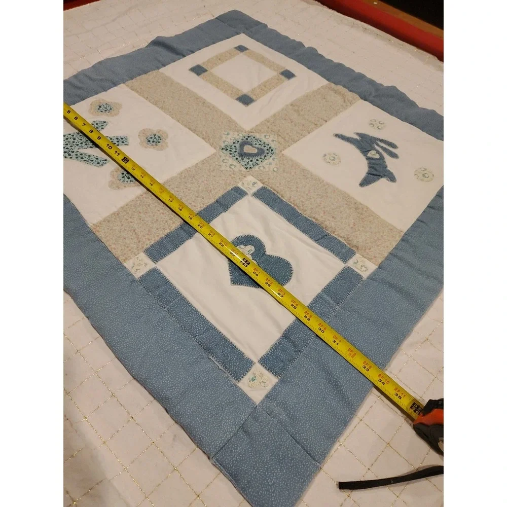 Small baby‎ quilt Blue Beige Bunny Flowers Heart Vtg Square 32Lx34W 90's